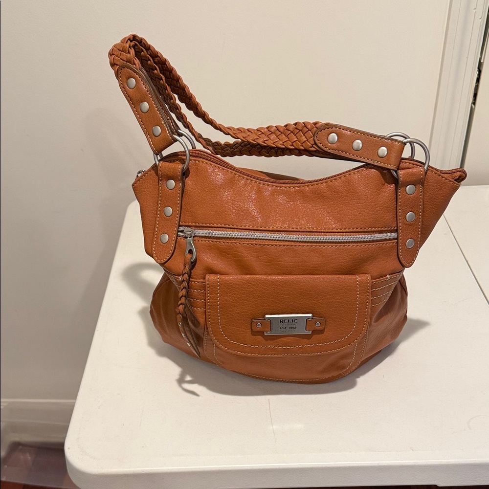 Braided-Handle Shoulder Bag Cognac Brown Brush Nickel Hardware Soft Cruelty Free